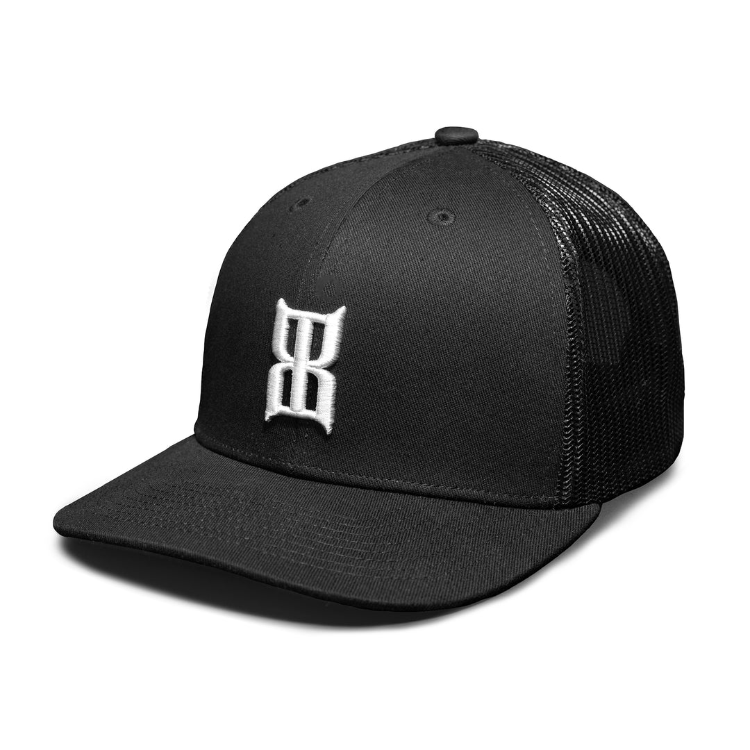 Black curved bill cap with embroidered 3D BEX® icon on the crown #color_black