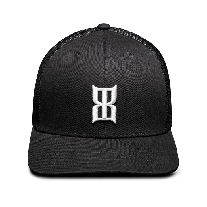 Front view of BEX black Steel curved bill cap with embroidered 3D BEX® icon on the crown #color_black