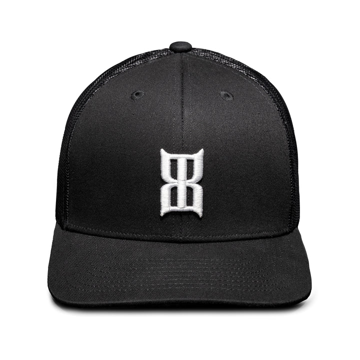 Front view of BEX black Steel curved bill cap with embroidered 3D BEX® icon on the crown #color_black
